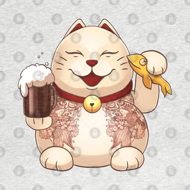 Japanese cat maneki neko with beer by Pulseender